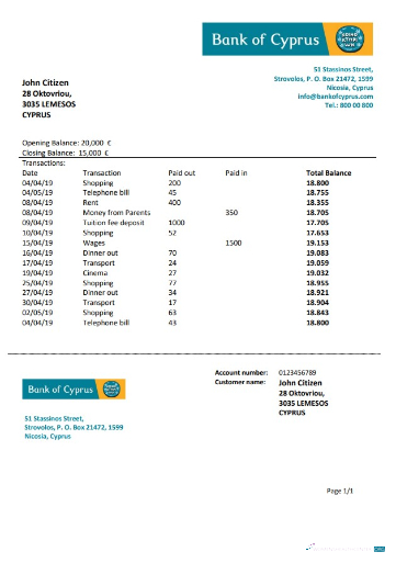 Download Cyprus Bank of Cyprus bank statement word